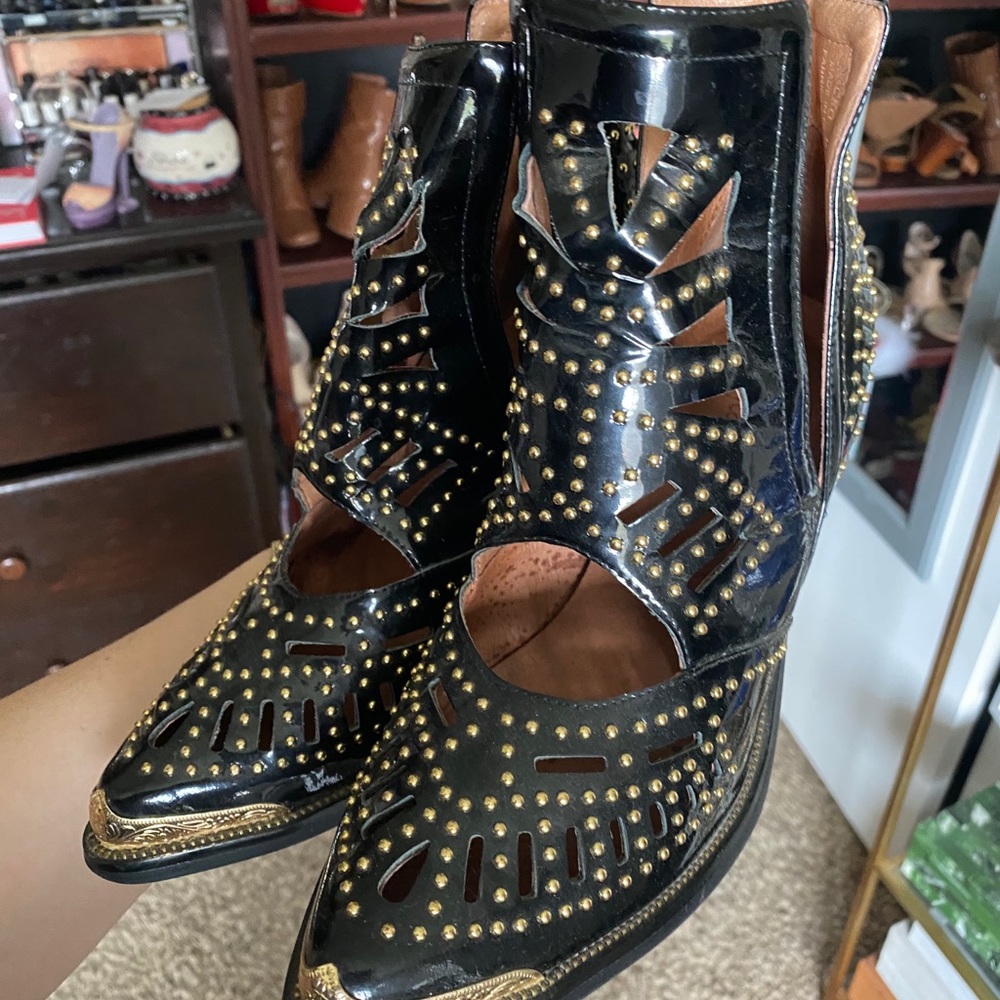 Jeffrey Campbell Black Patent Studded Cutout Ankle Booties with Gold Trim - Picture 4 of 5